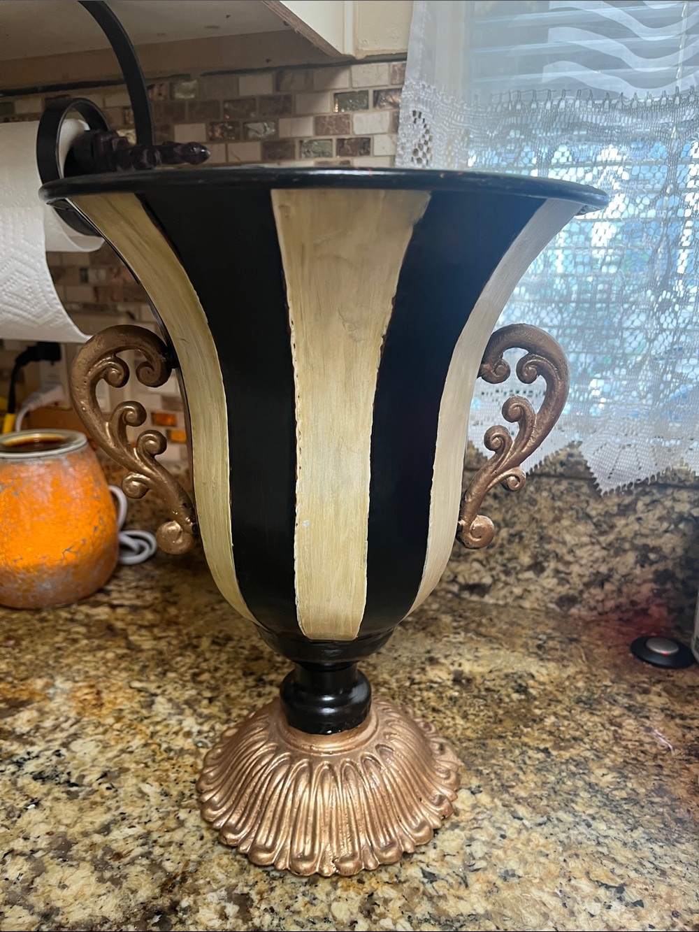 Striped Black and Cream Metal Urn Vase with Gold-Tone Accents